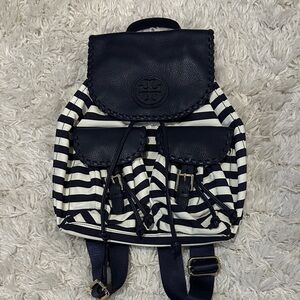 Tory Burch Navy and White Striped Drawstring Backpack